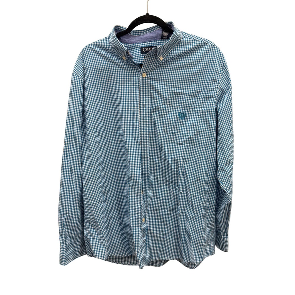Chaps Easy Care Mens XL Blue White Gingham Button Down Shirt Long Sleeve Logo